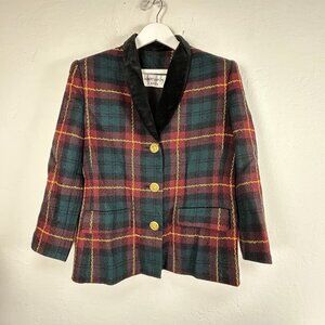 Vintage Albert Nipon Womens Wool Plaid Blazer Jacket w/ Velvet Collar Green Red